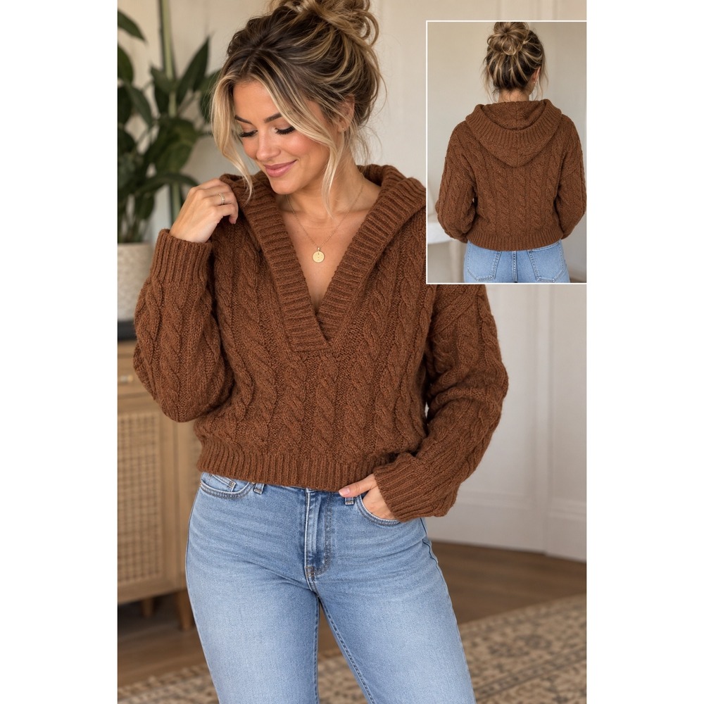 American Eagle Brown Cable Knit Hooded Sweater Pullover Women's Medium Cabincore